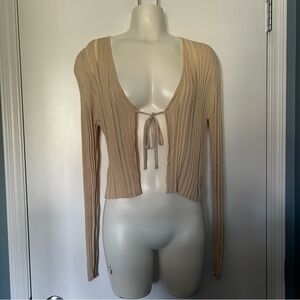 Zara Cream Stretch Loose Knit Tie Front Long Sleeve Cardigan Sweater